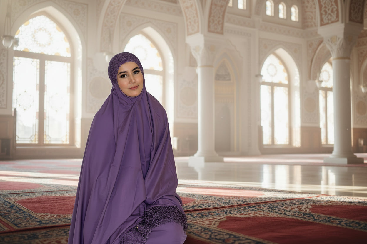 Woman wearing a purple prayer wear on a white background